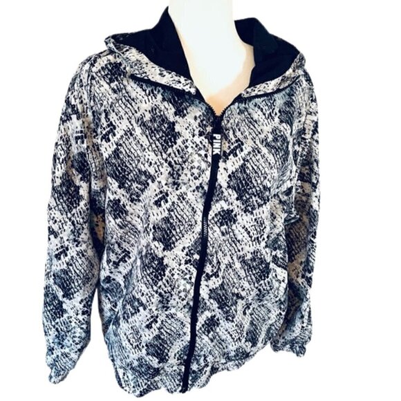 Victoria's Secret Pink Black/White Full Zip Hoodie Windbreaker Jacket Women's XS - Picture 1 of 11
